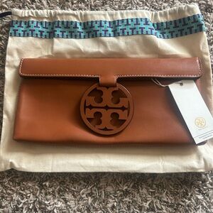Tory Burch Tan Clutch with Logo Accent